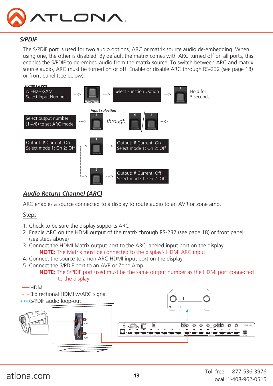 Audio return channel (arc) steps s/pdif, Through, Select output number (1-4/8) to set arc mode | At-h2h-xxm select input number | Atlona AT H2H V2 User Manual | Page 13 / 30