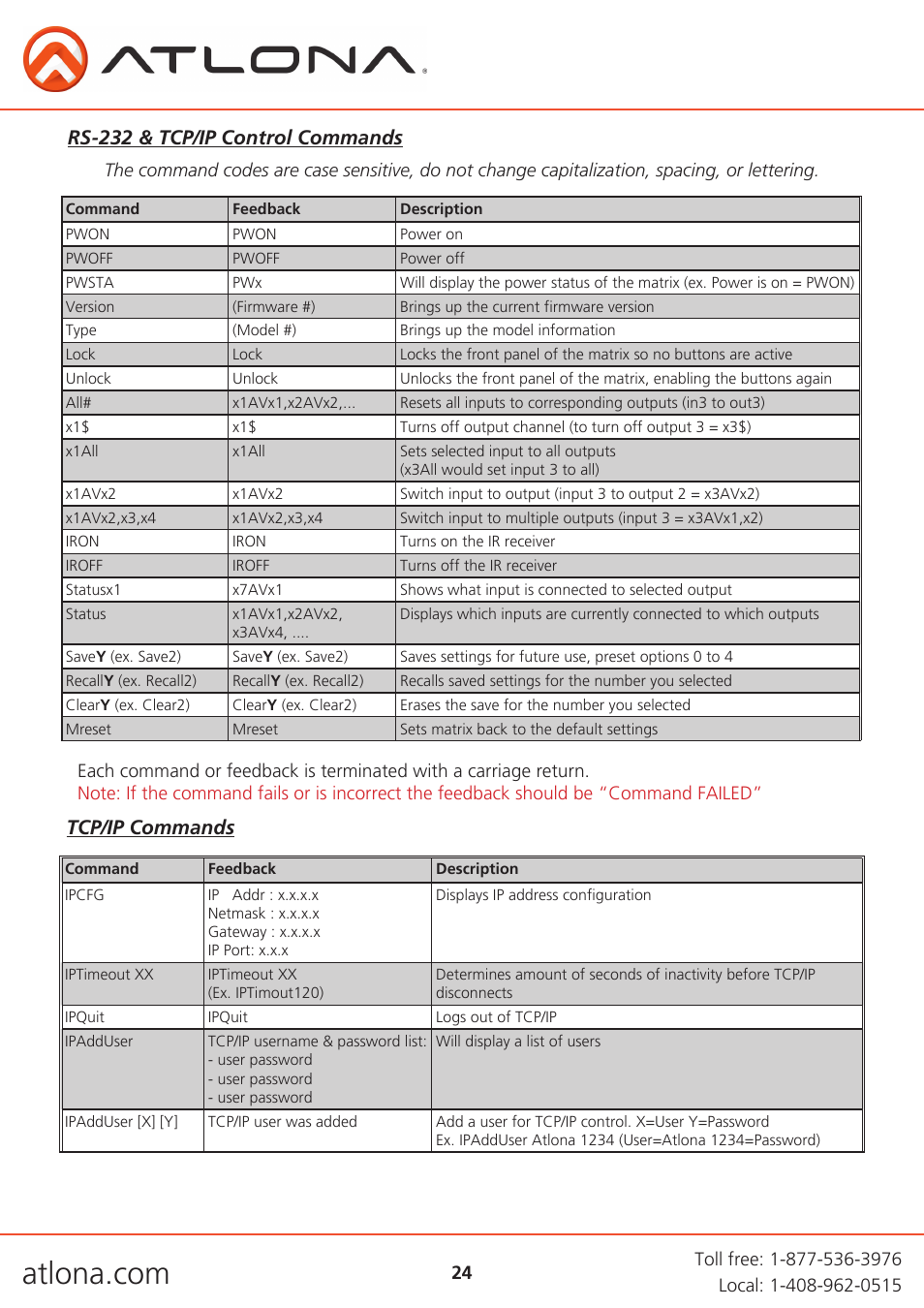 Tcp/ip commands rs-232 & tcp/ip control commands | Atlona AT H2H V2 User Manual | Page 24 / 30