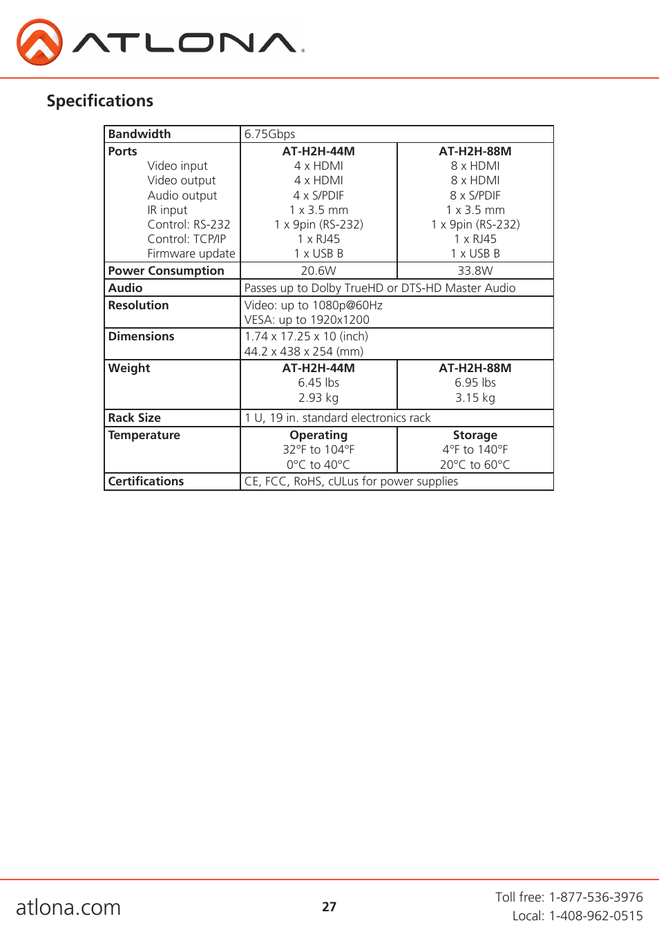 Specifications | Atlona AT H2H V2 User Manual | Page 27 / 30