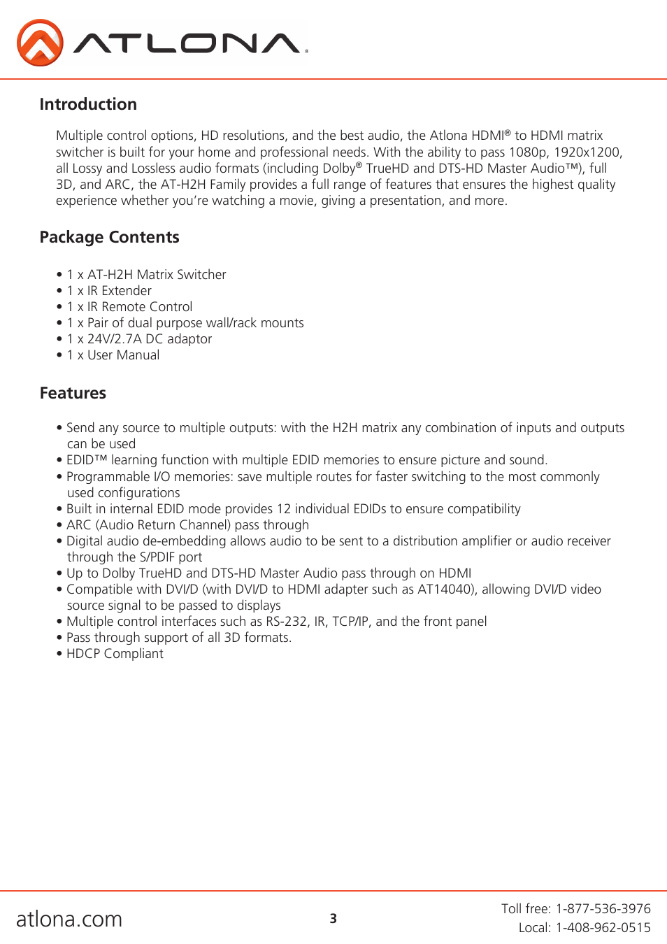 Introduction, Package contents features | Atlona AT H2H V2 User Manual | Page 3 / 30