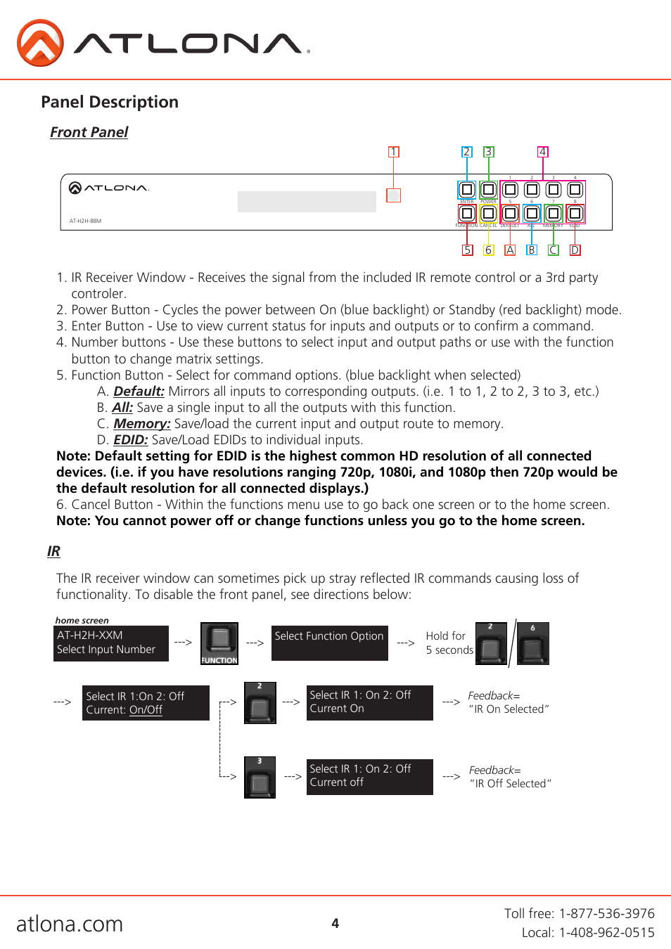 Panel description, Front panel ir | Atlona AT H2H V2 User Manual | Page 4 / 30