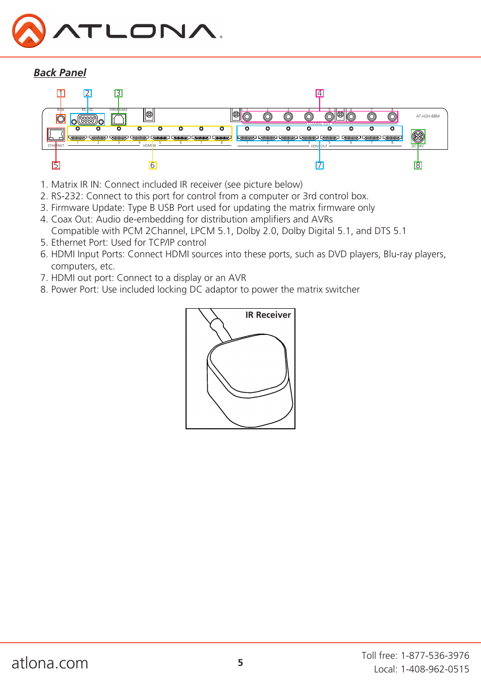 Back panel, Ir receiver | Atlona AT H2H V2 User Manual | Page 5 / 30