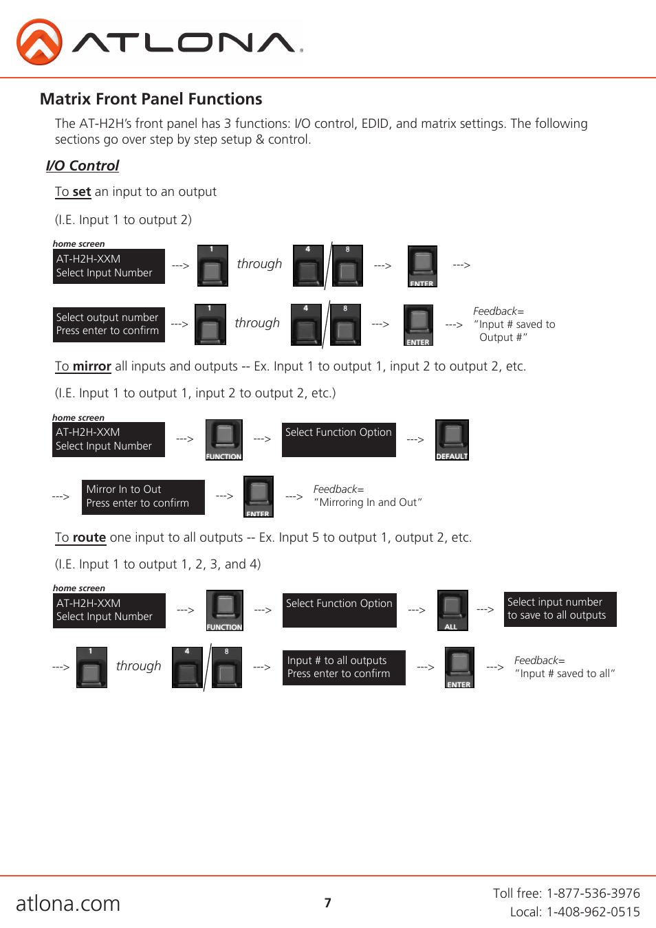 Matrix front panel functions | Atlona AT H2H V2 User Manual | Page 7 / 30