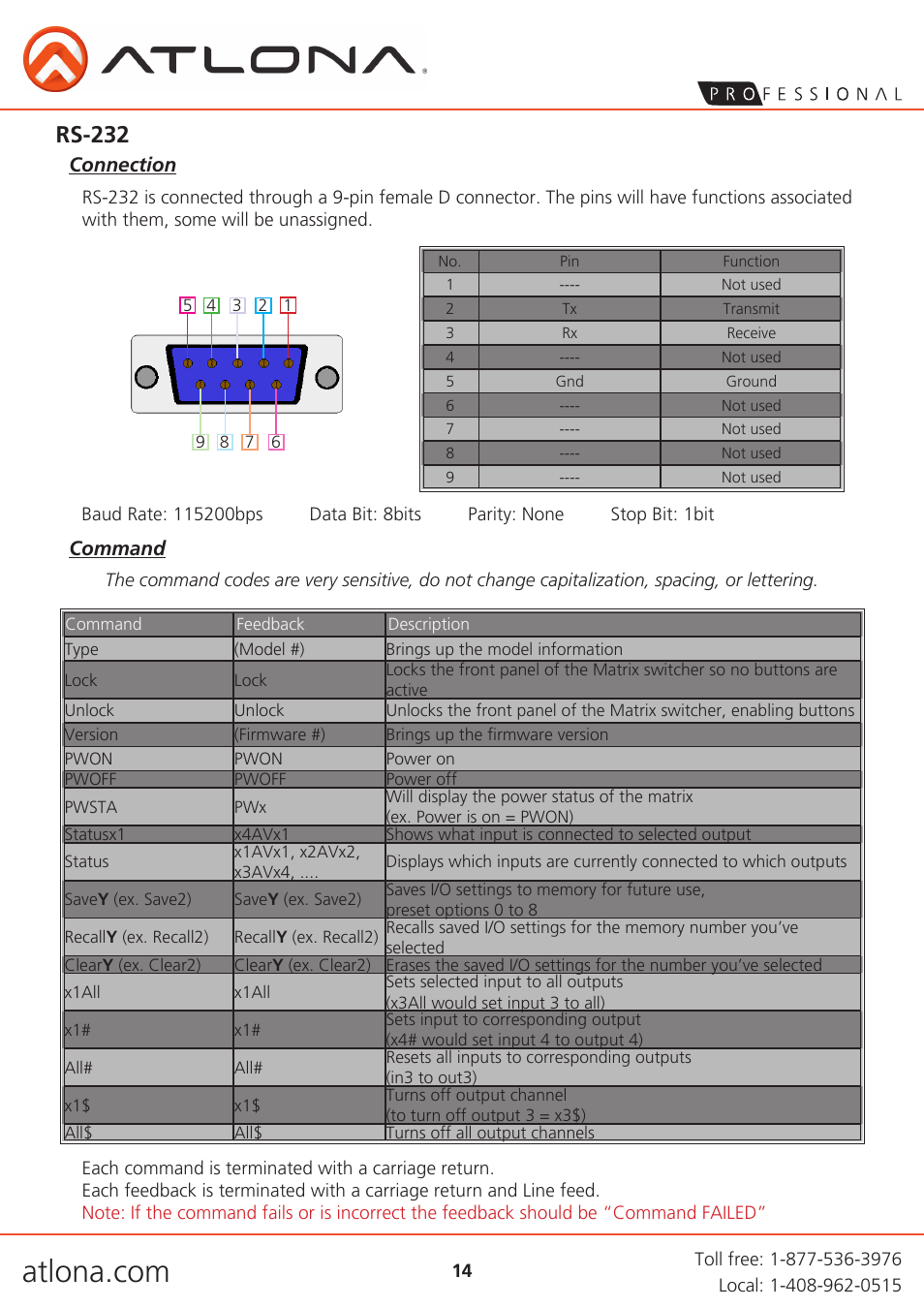 Rs-232 | Atlona AT H2H 44M User Manual | Page 14 / 19