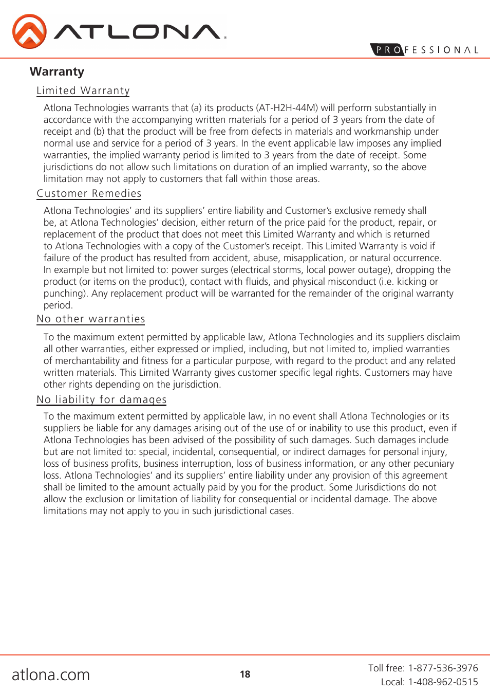 Atlona AT H2H 44M User Manual | Page 18 / 19