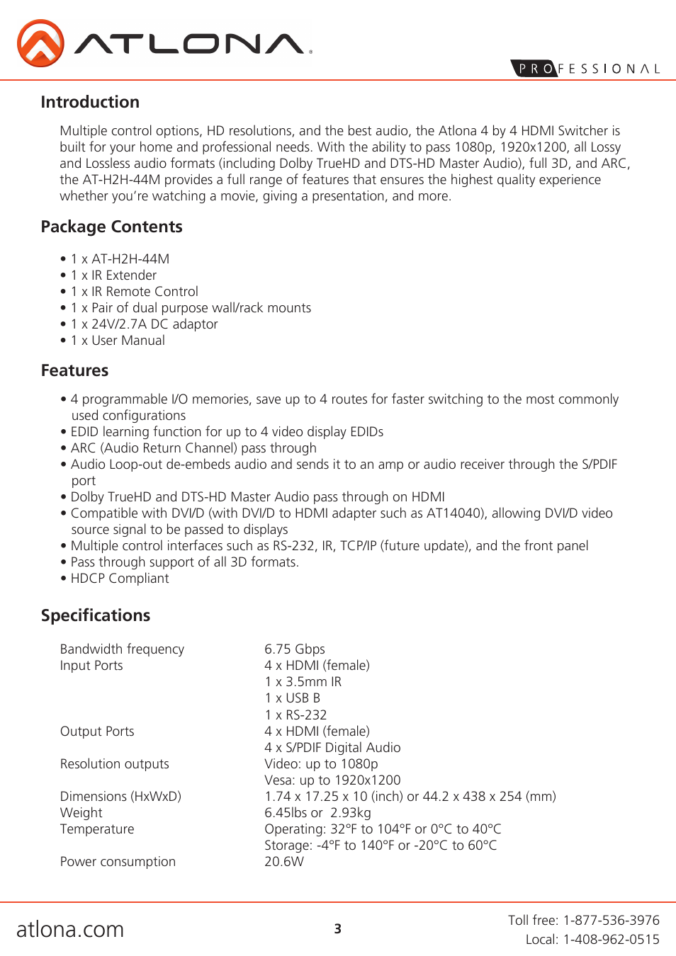 Introduction, Package contents features, Specifications | Atlona AT H2H 44M User Manual | Page 3 / 19