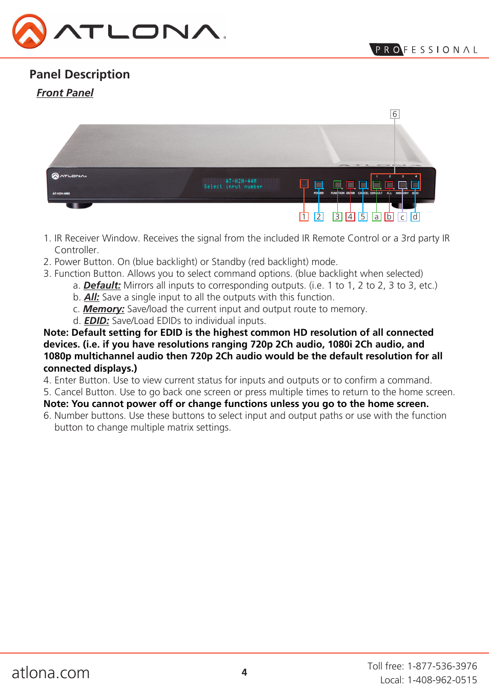 Panel description | Atlona AT H2H 44M User Manual | Page 4 / 19