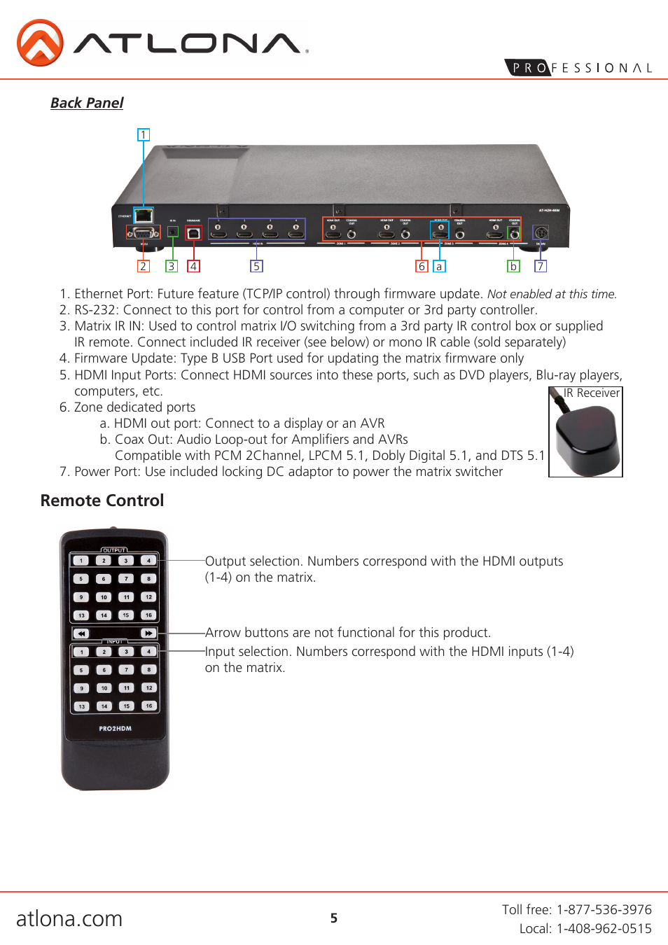 Remote control | Atlona AT H2H 44M User Manual | Page 5 / 19
