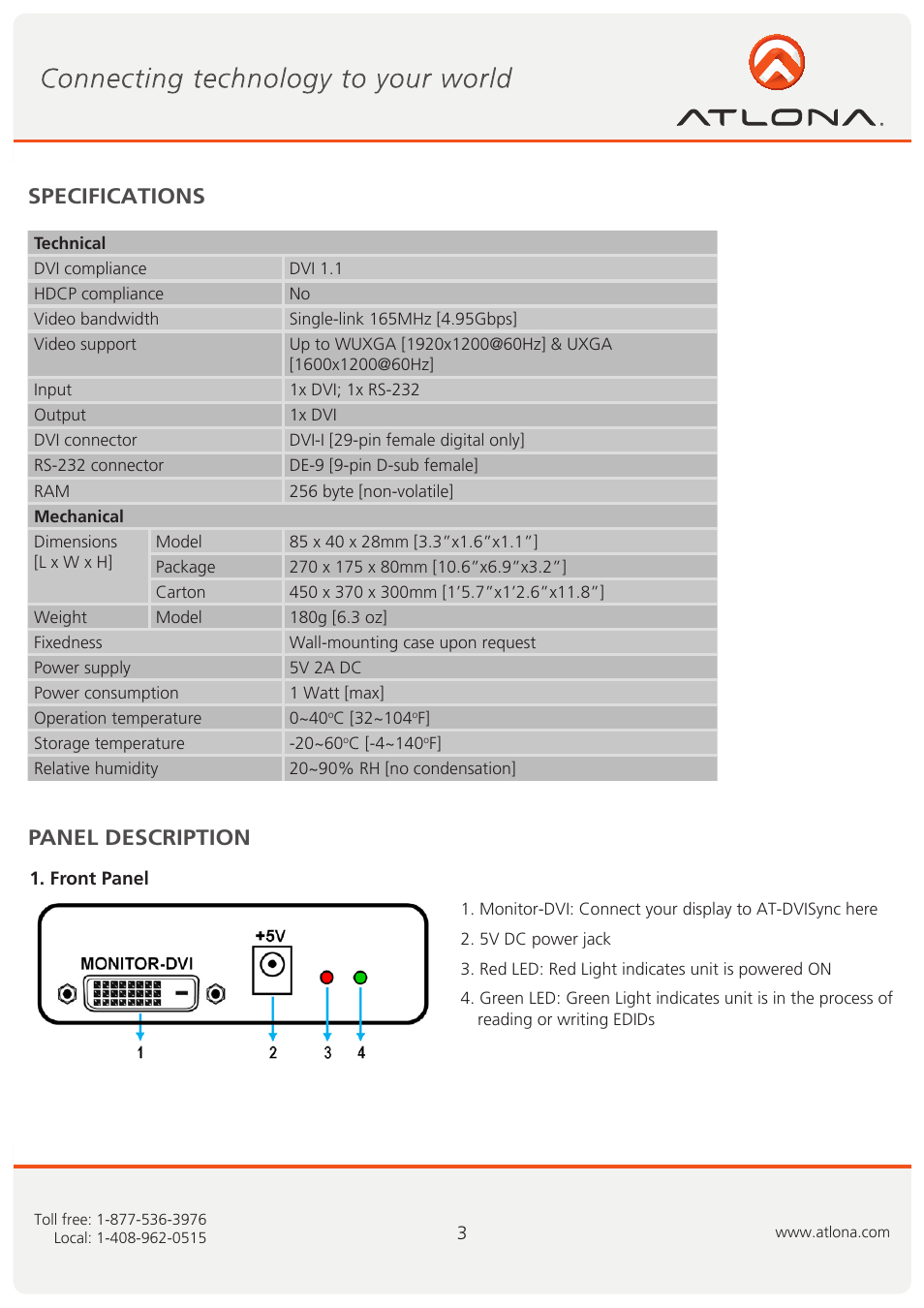 Specifications panel description | Atlona AT DVISync User Manual | Page 4 / 11