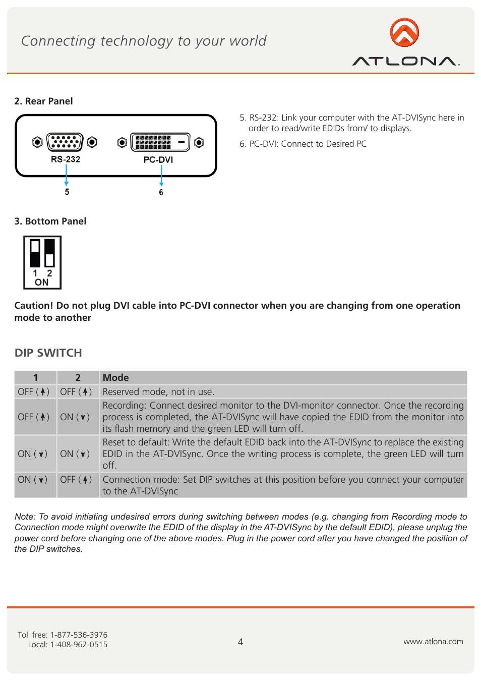 Dip switch | Atlona AT DVISync User Manual | Page 5 / 11