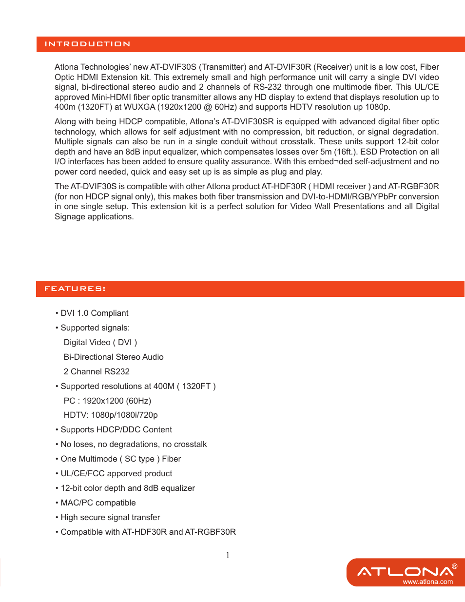 Atlona AT DVIF30SR User Manual | Page 3 / 9