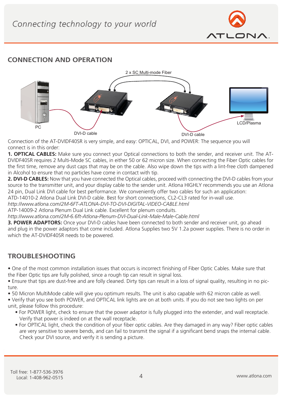 Connection and operation, Troubleshooting | Atlona AT DVIDF40SR User Manual | Page 5 / 8