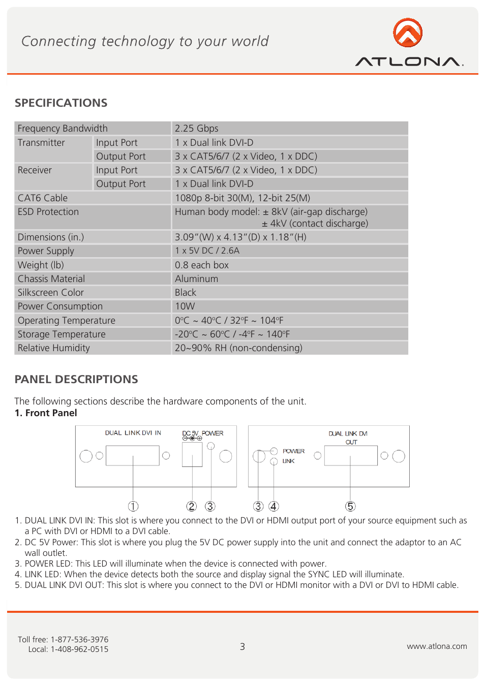 Specifications panel descriptions | Atlona AT DVID30SR User Manual | Page 4 / 9