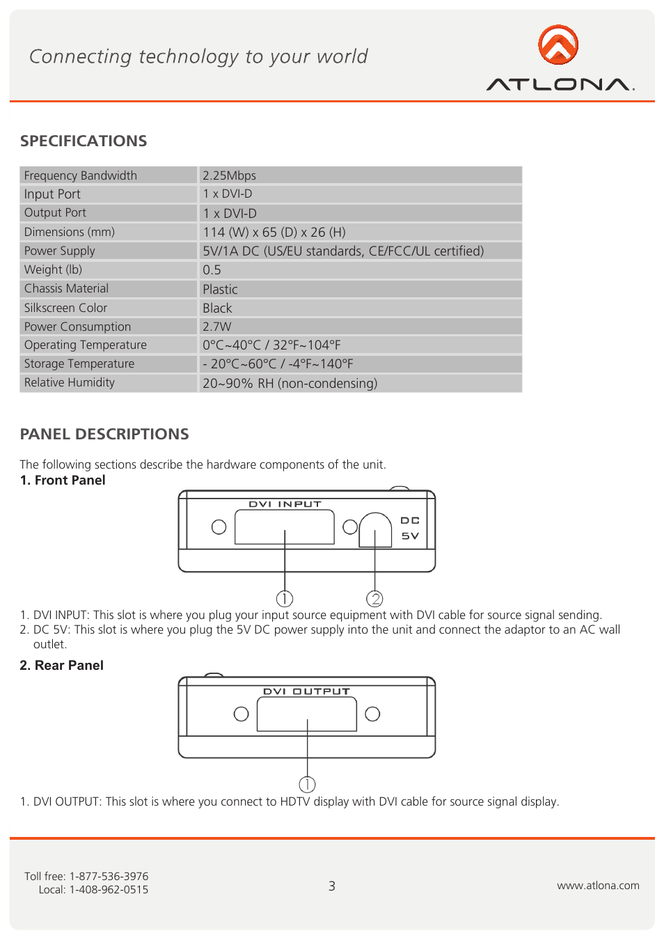 Specifications panel descriptions | Atlona AT DVI550 User Manual | Page 4 / 8