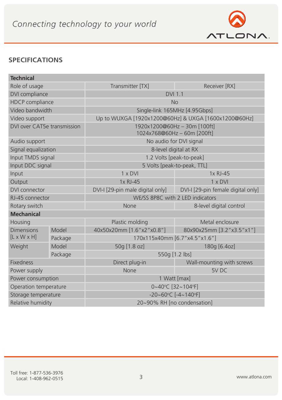 Specifications | Atlona AT DVI40SRS User Manual | Page 4 / 9