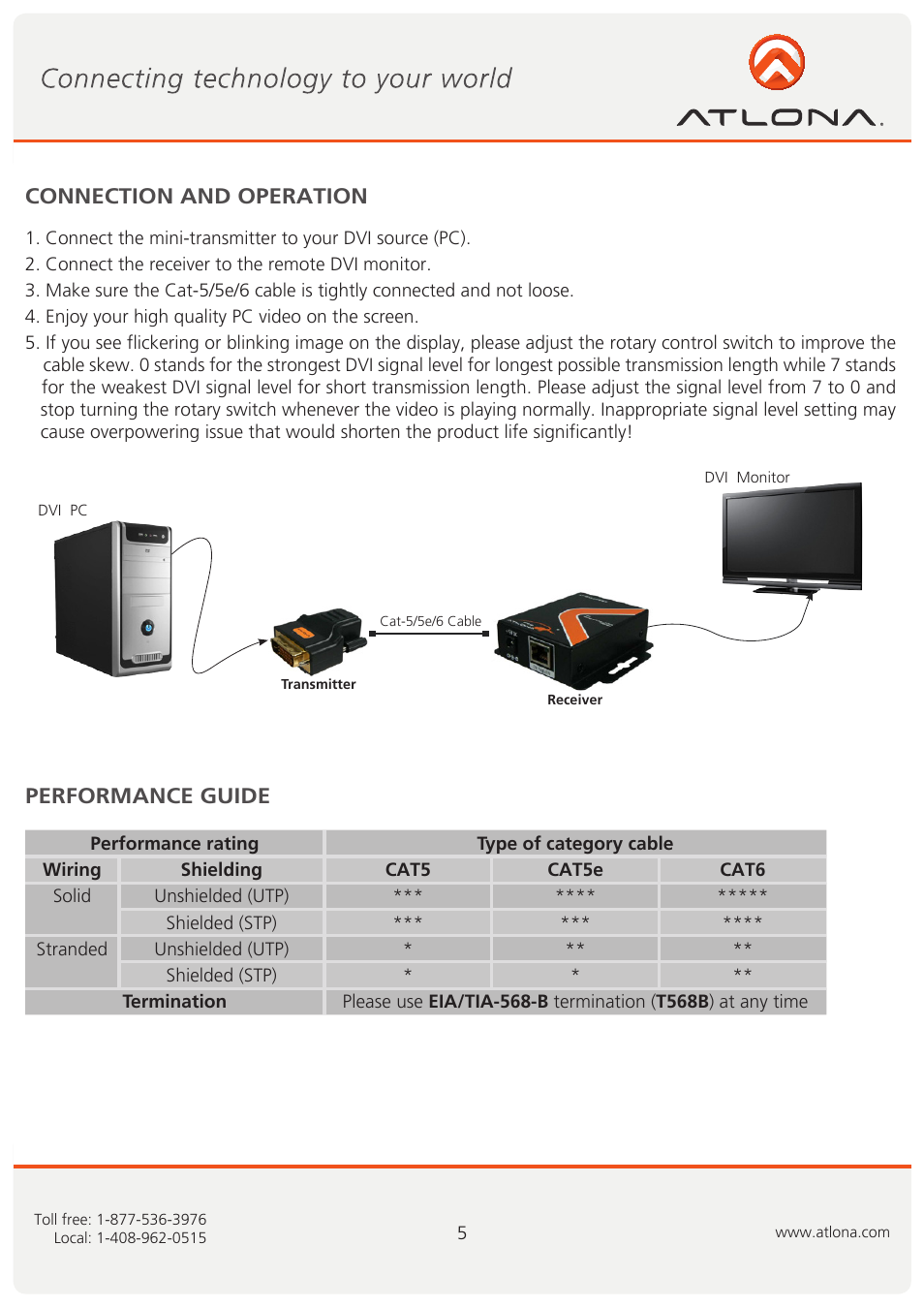 Connection and operation, Performance guide | Atlona AT DVI40SRS User Manual | Page 6 / 9