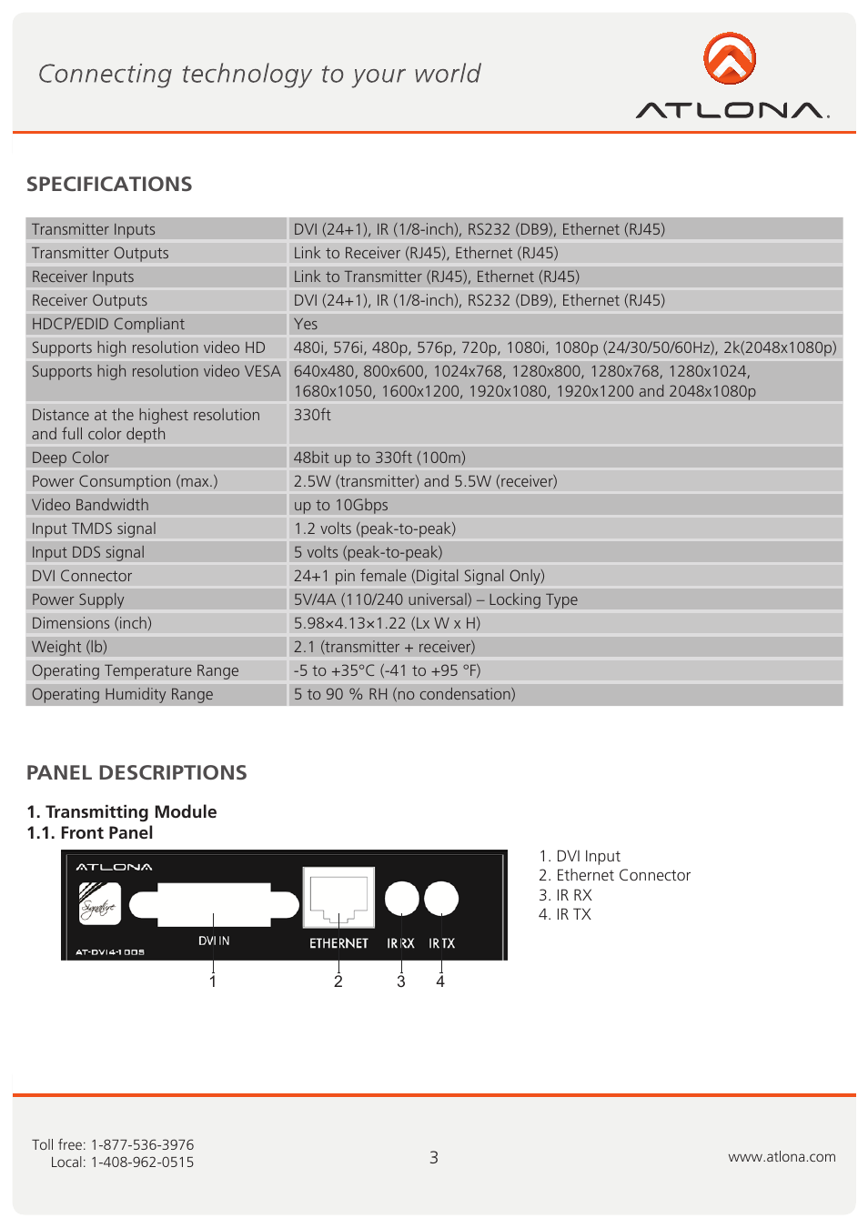 Specifications, Panel descriptions | Atlona AT DVI4-100SR User Manual | Page 4 / 9