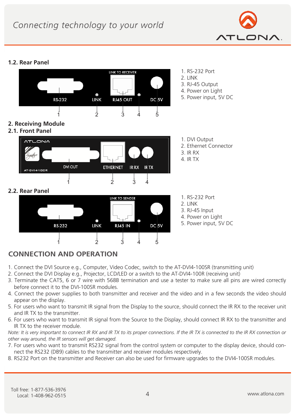 Connection and operation | Atlona AT DVI4-100SR User Manual | Page 5 / 9