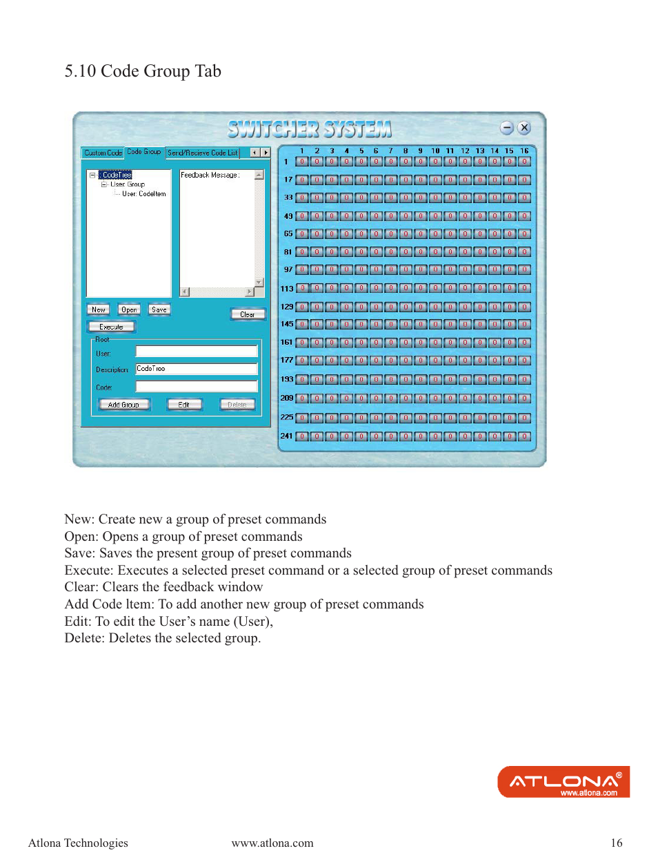 10 code group tab | Atlona AT DVI MATRIX User Manual | Page 16 / 21