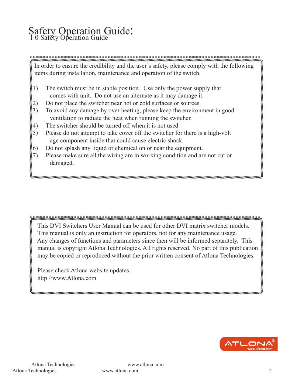 Safety operation guide | Atlona AT DVI MATRIX User Manual | Page 2 / 21
