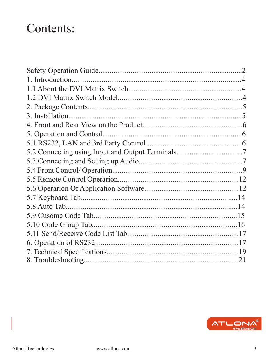 Atlona AT DVI MATRIX User Manual | Page 3 / 21