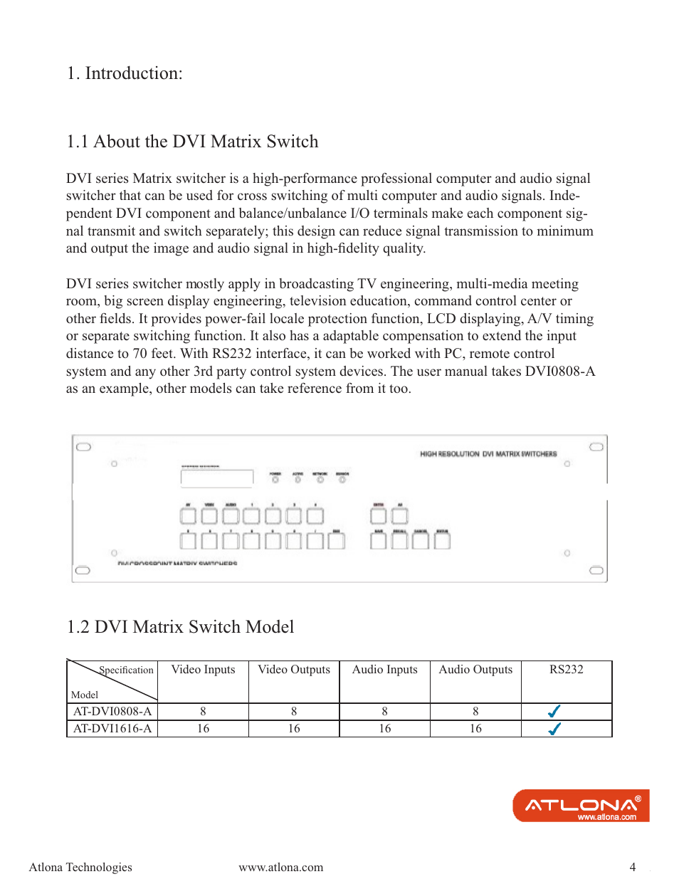 Introduction: 1.1 about the dvi matrix switch, 2 dvi matrix switch model | Atlona AT DVI MATRIX User Manual | Page 4 / 21