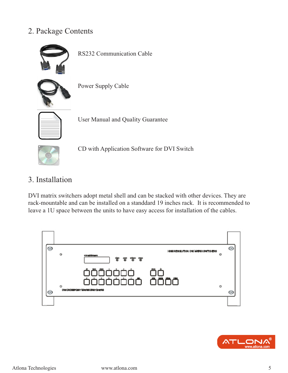 Package contents, Installation | Atlona AT DVI MATRIX User Manual | Page 5 / 21