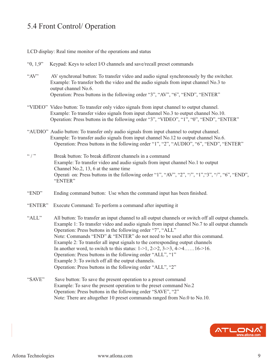 4 front control/ operation | Atlona AT DVI MATRIX User Manual | Page 9 / 21