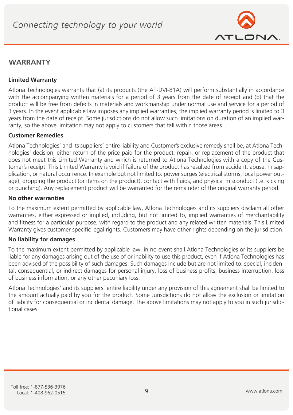 Warranty | Atlona AT DVI 81A User Manual | Page 10 / 11