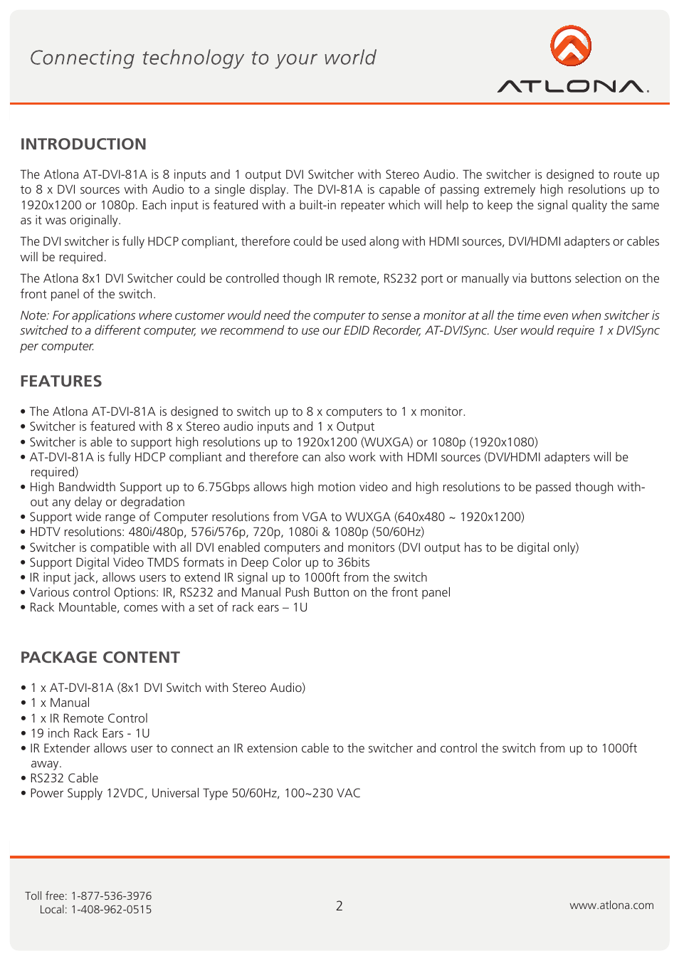 Introduction features, Package content | Atlona AT DVI 81A User Manual | Page 3 / 11
