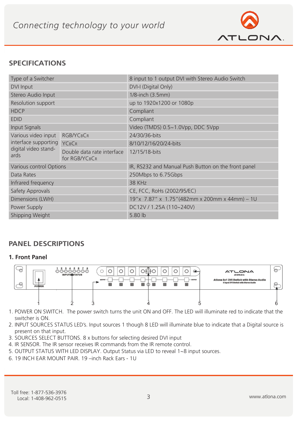 Specifications, Panel descriptions | Atlona AT DVI 81A User Manual | Page 4 / 11