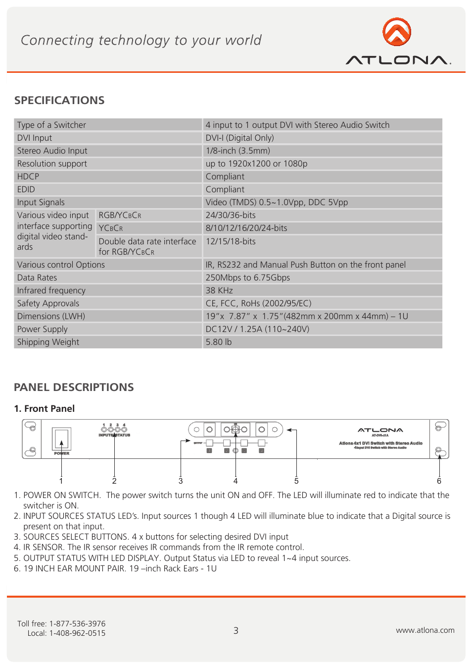 Specifications, Panel descriptions | Atlona AT DVI 41A User Manual | Page 4 / 11