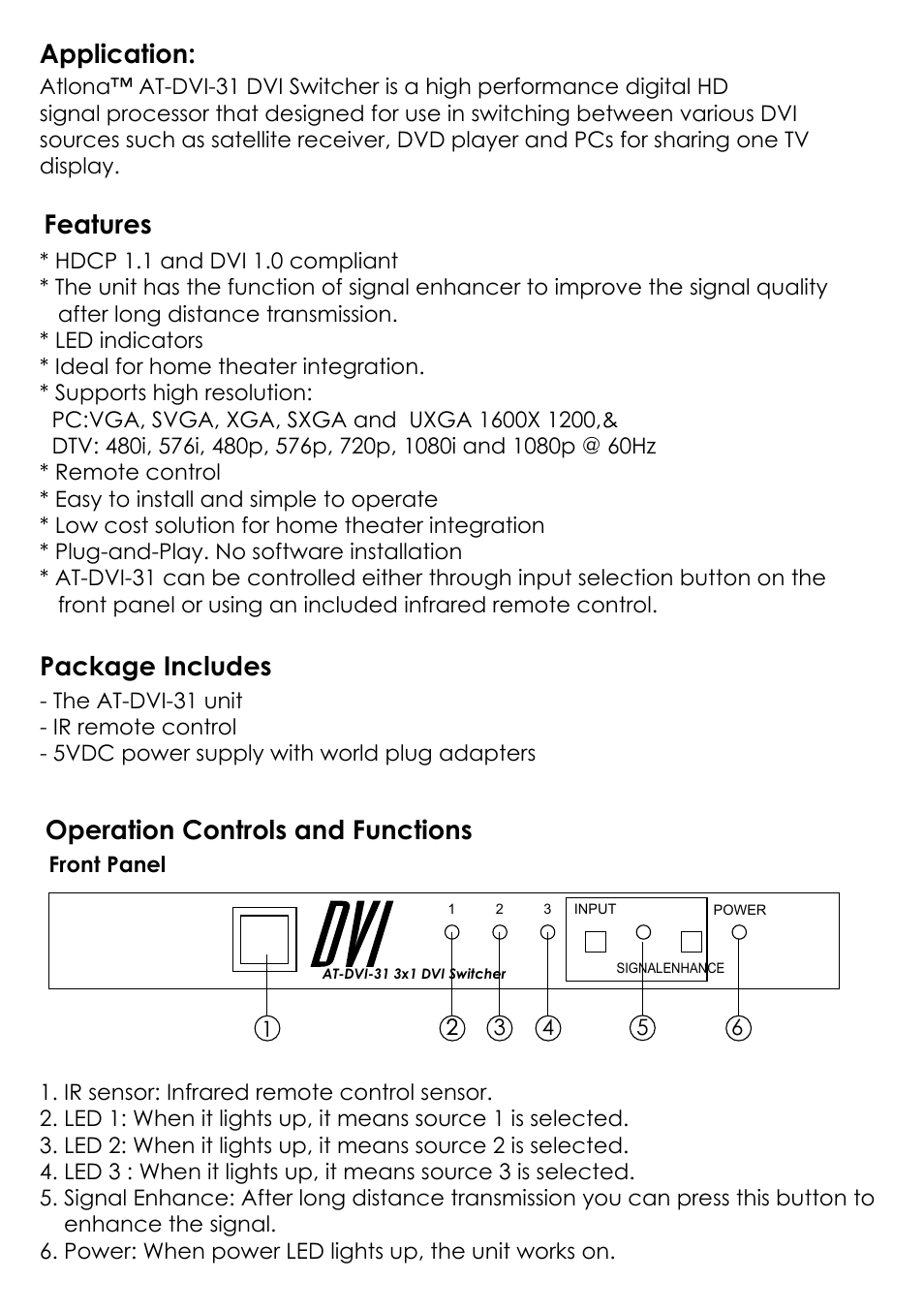 Application, Features, Operation controls and functions | Package includes | Atlona AT DVI 31 User Manual | Page 2 / 4