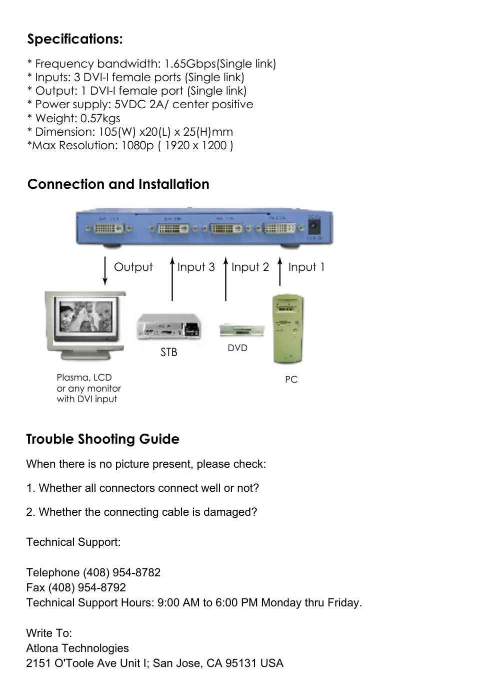 Specifications, Connection and installation trouble shooting guide | Atlona AT DVI 31 User Manual | Page 4 / 4