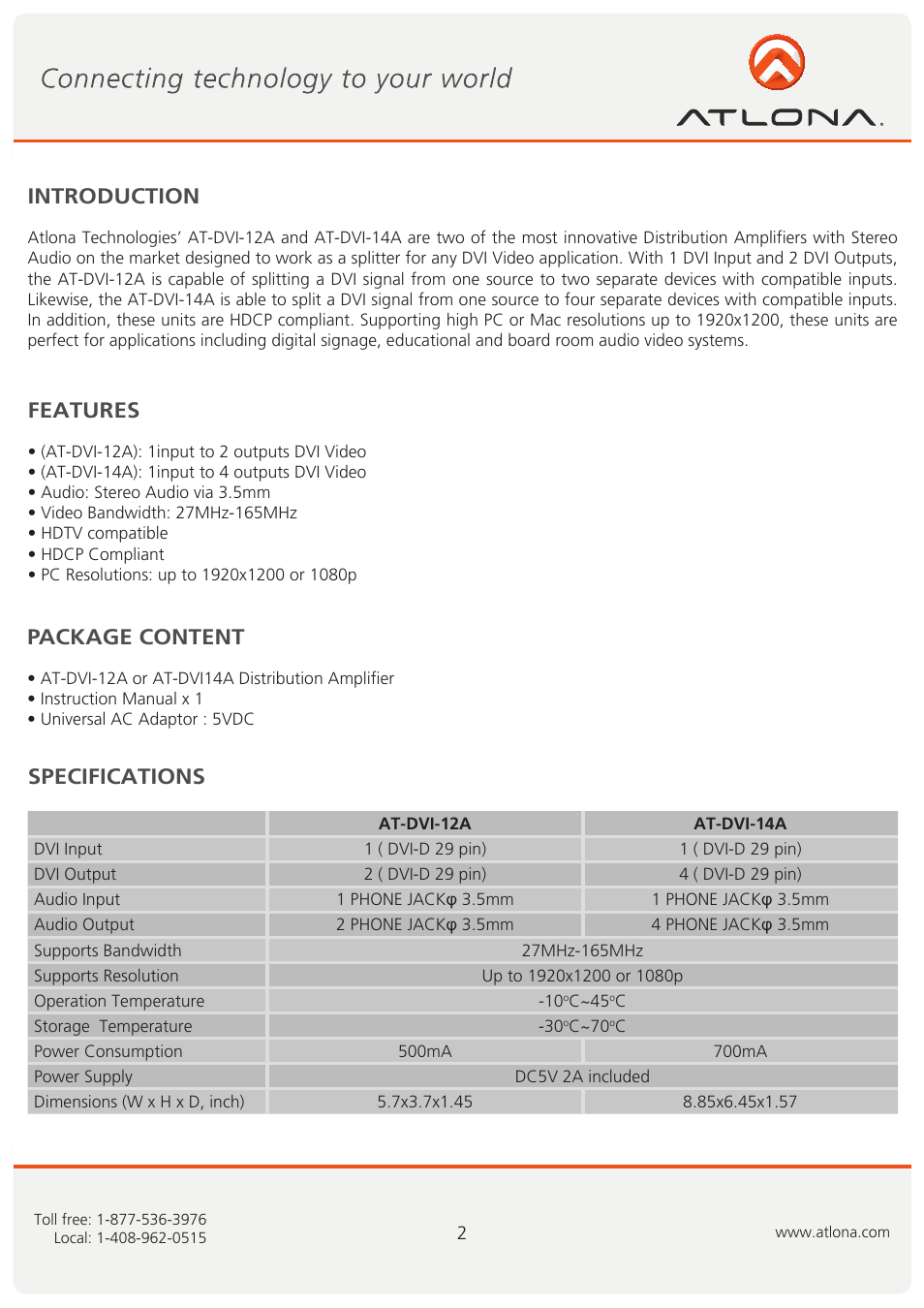 Introduction features, Specifications, Package content | Atlona AT DVI 12A14A User Manual | Page 3 / 8