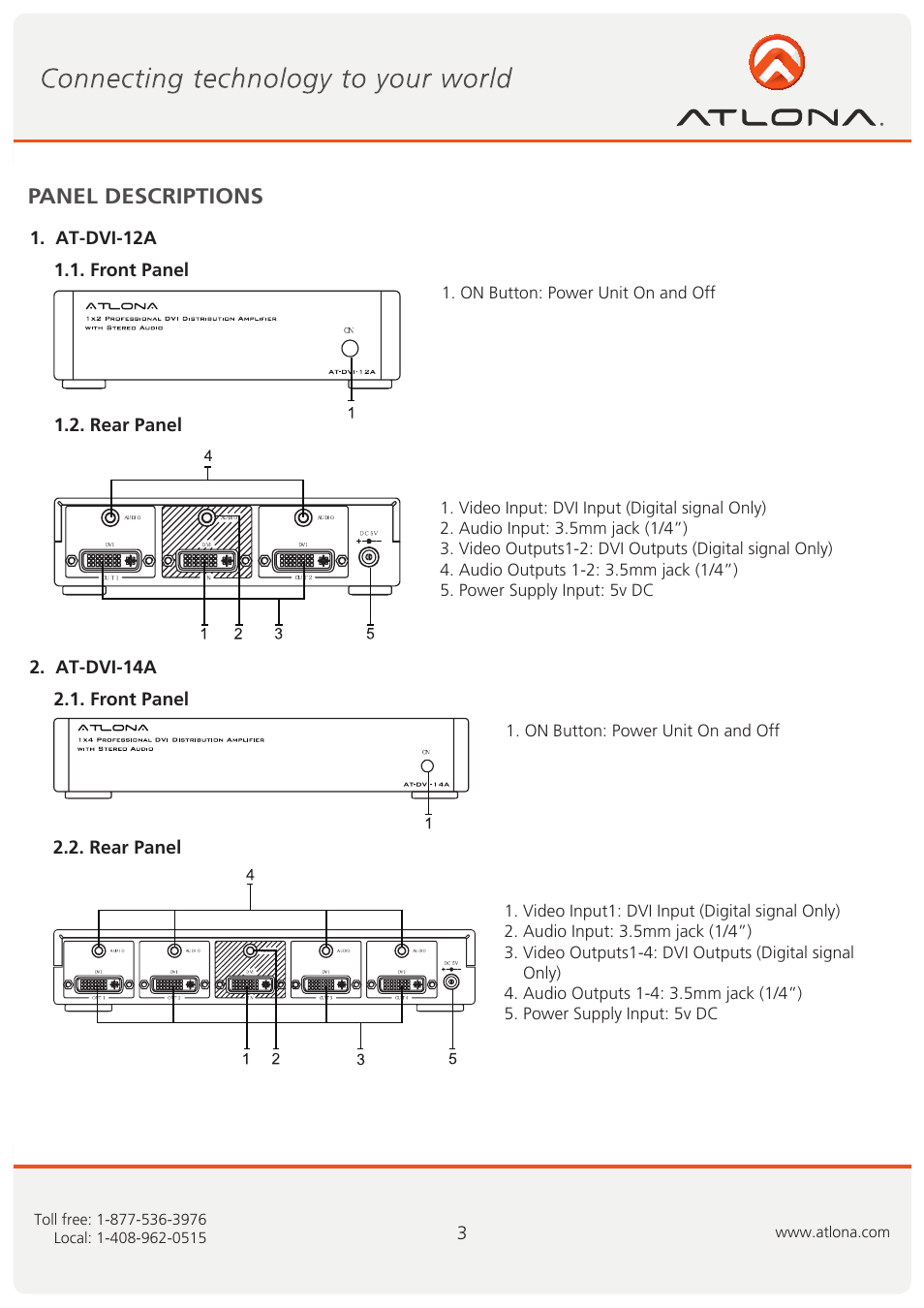Panel descriptions | Atlona AT DVI 12A14A User Manual | Page 4 / 8