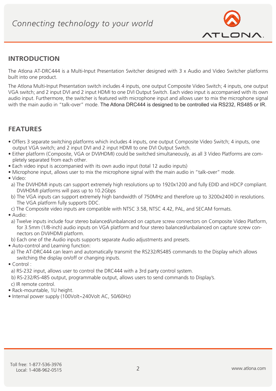 Introduction features | Atlona AT DRC444 R62011 User Manual | Page 3 / 12