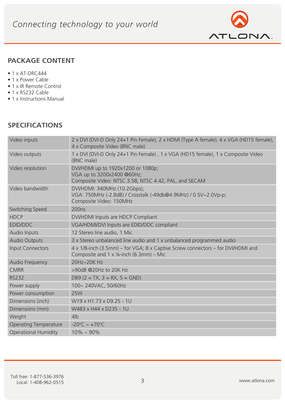Specifications, Package content | Atlona AT DRC444 R62011 User Manual | Page 4 / 12