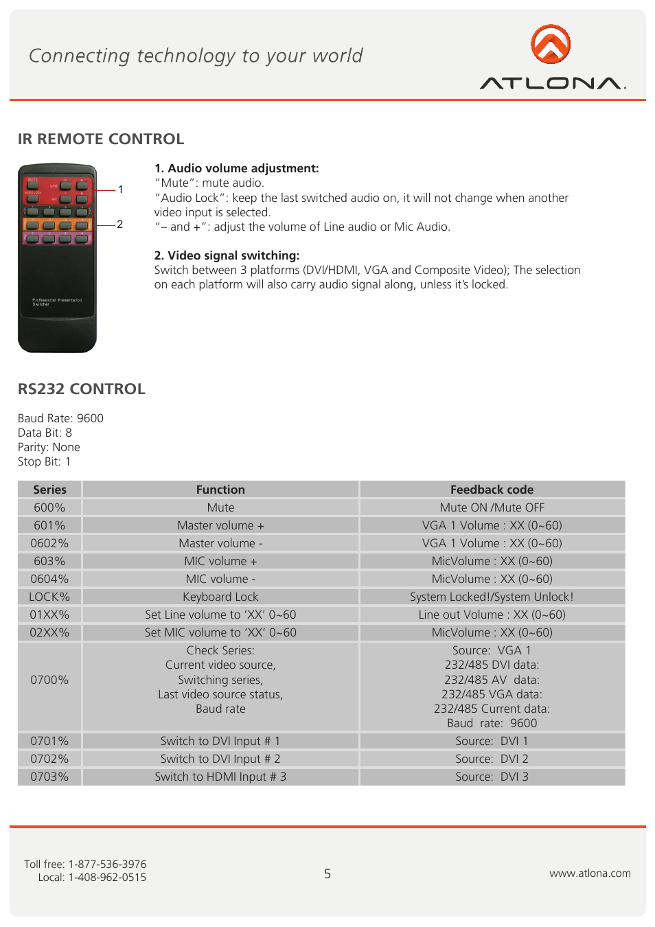 Ir remote control rs232 control | Atlona AT DRC444 R62011 User Manual | Page 6 / 12