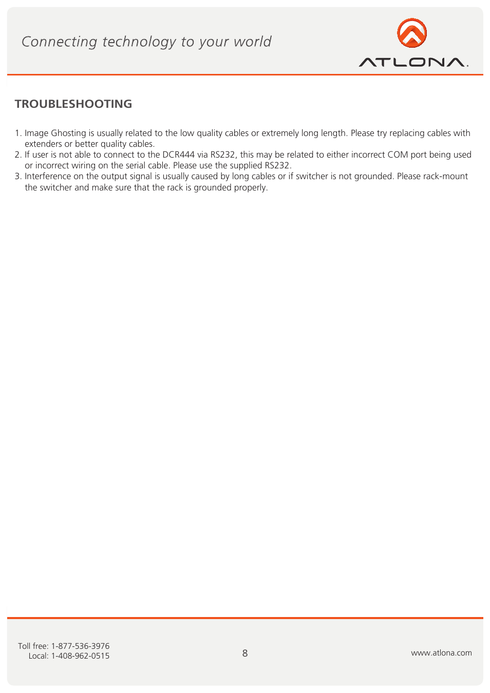 Troubleshooting | Atlona AT DRC444 R62011 User Manual | Page 9 / 12
