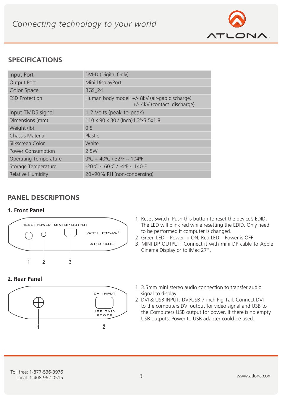 Panel descriptions, Specifications | Atlona AT DP400 User Manual | Page 4 / 10
