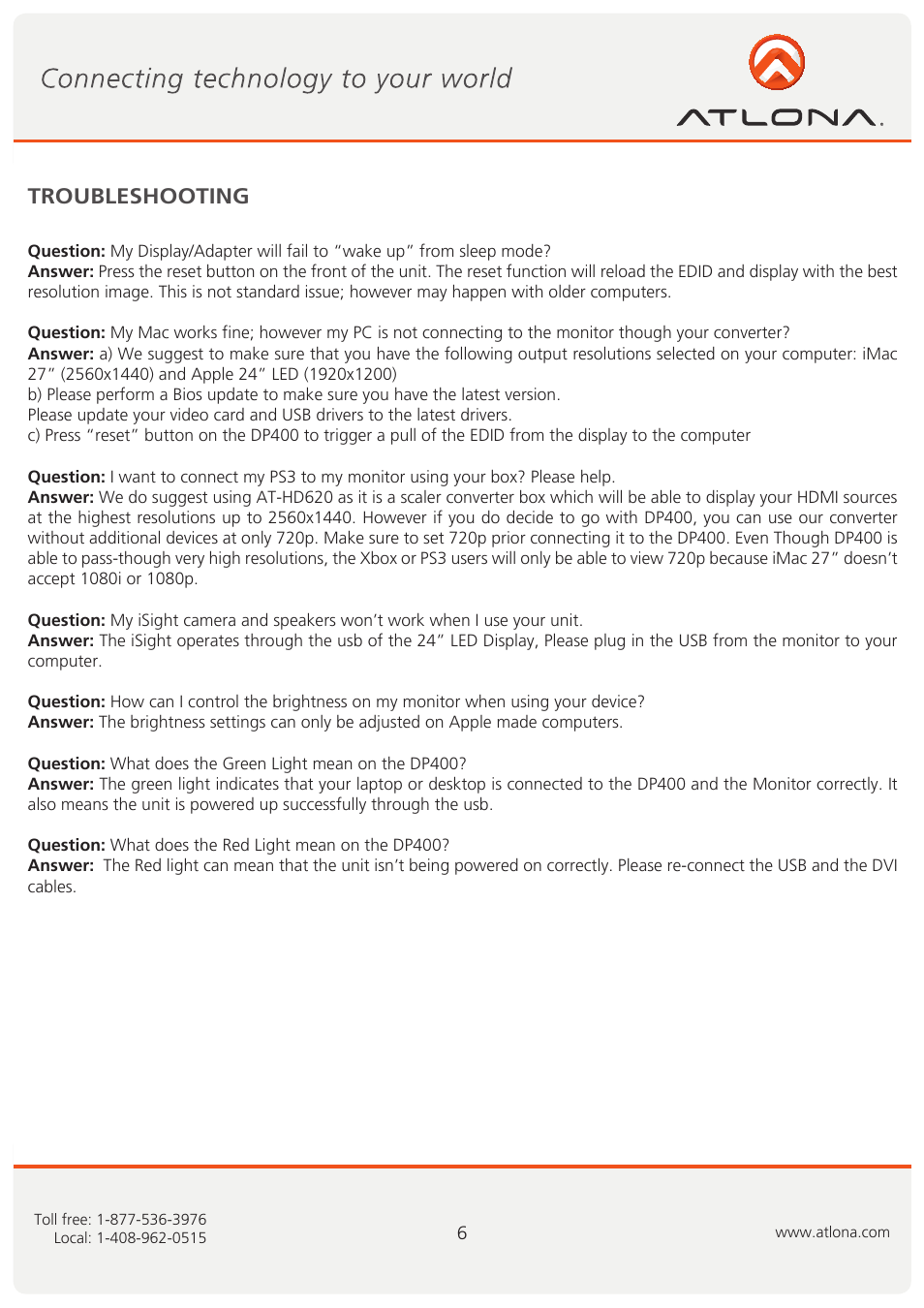Troubleshooting | Atlona AT DP400 User Manual | Page 7 / 10