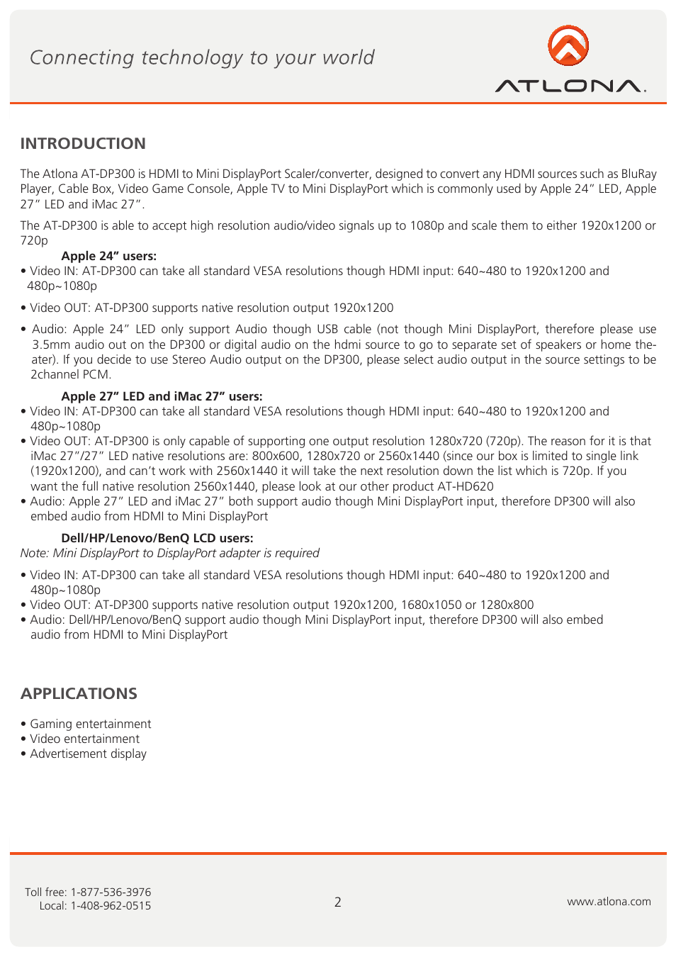 Introduction, Applications | Atlona AT DP300 User Manual | Page 3 / 9