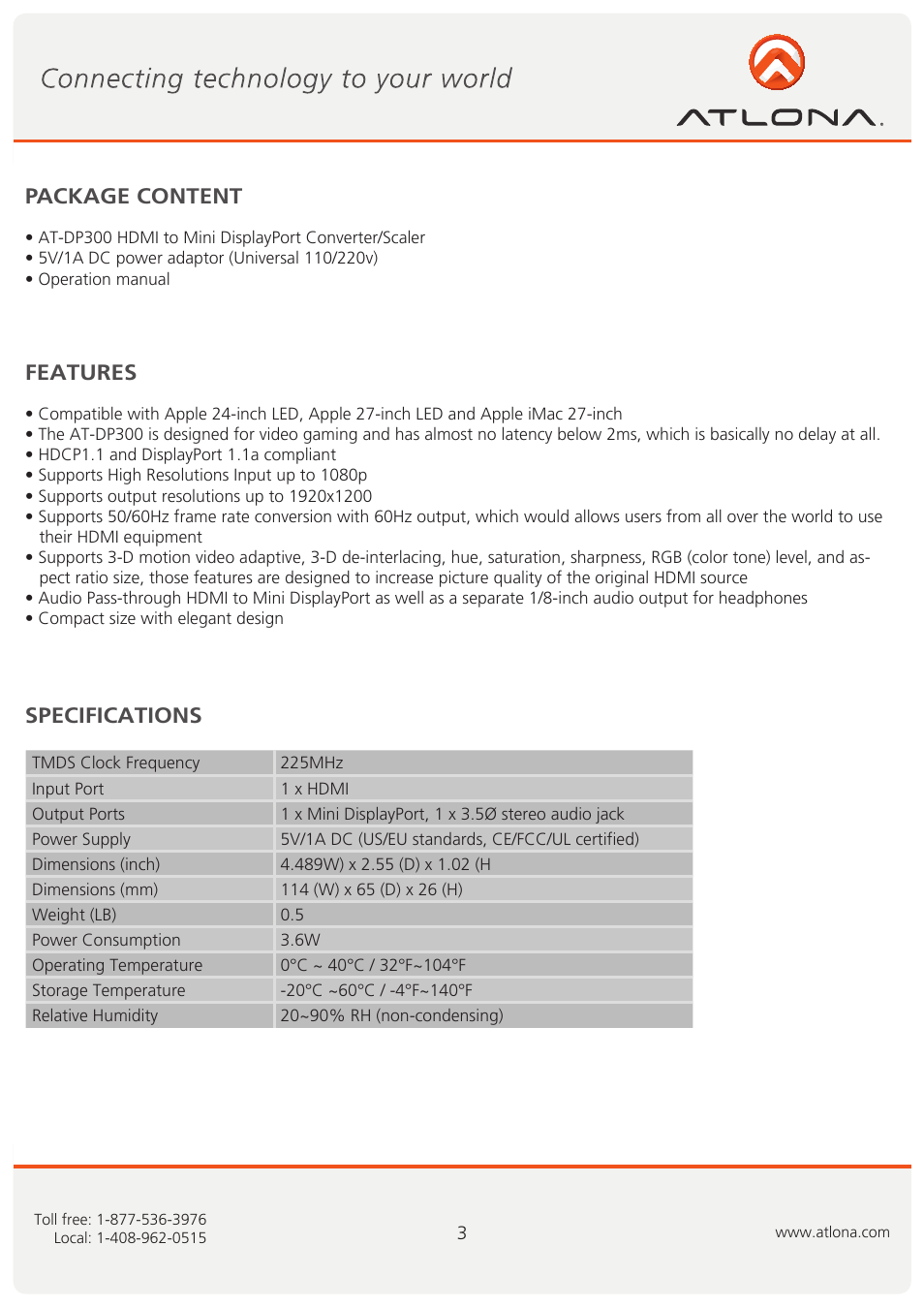 Specifications, Features, Package content | Atlona AT DP300 User Manual | Page 4 / 9