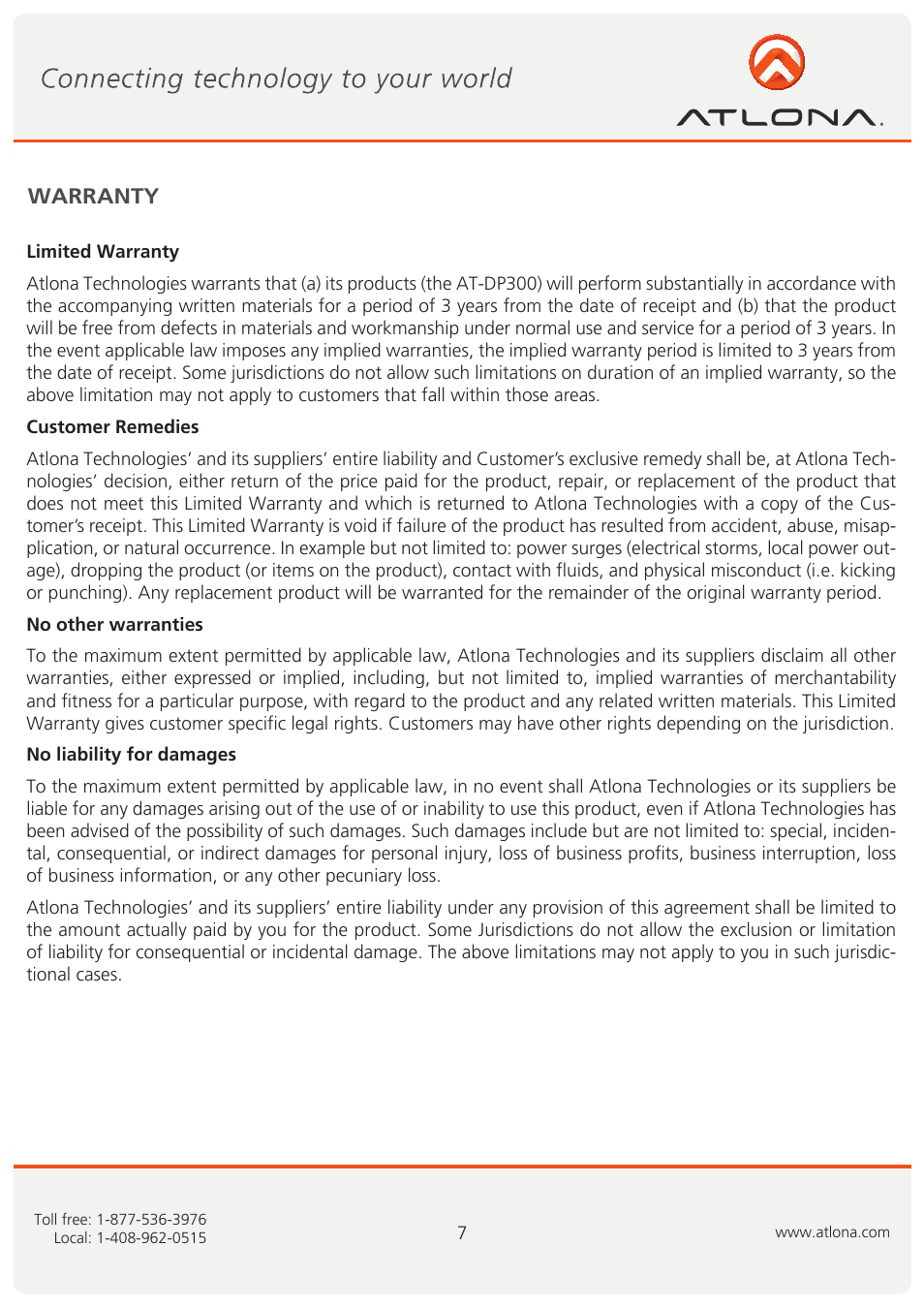 Warranty | Atlona AT DP300 User Manual | Page 8 / 9