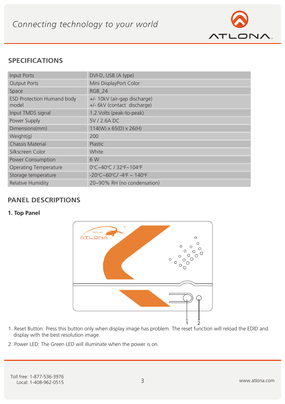 Panel descriptions, Specifications | Atlona AT DP200 User Manual | Page 4 / 9