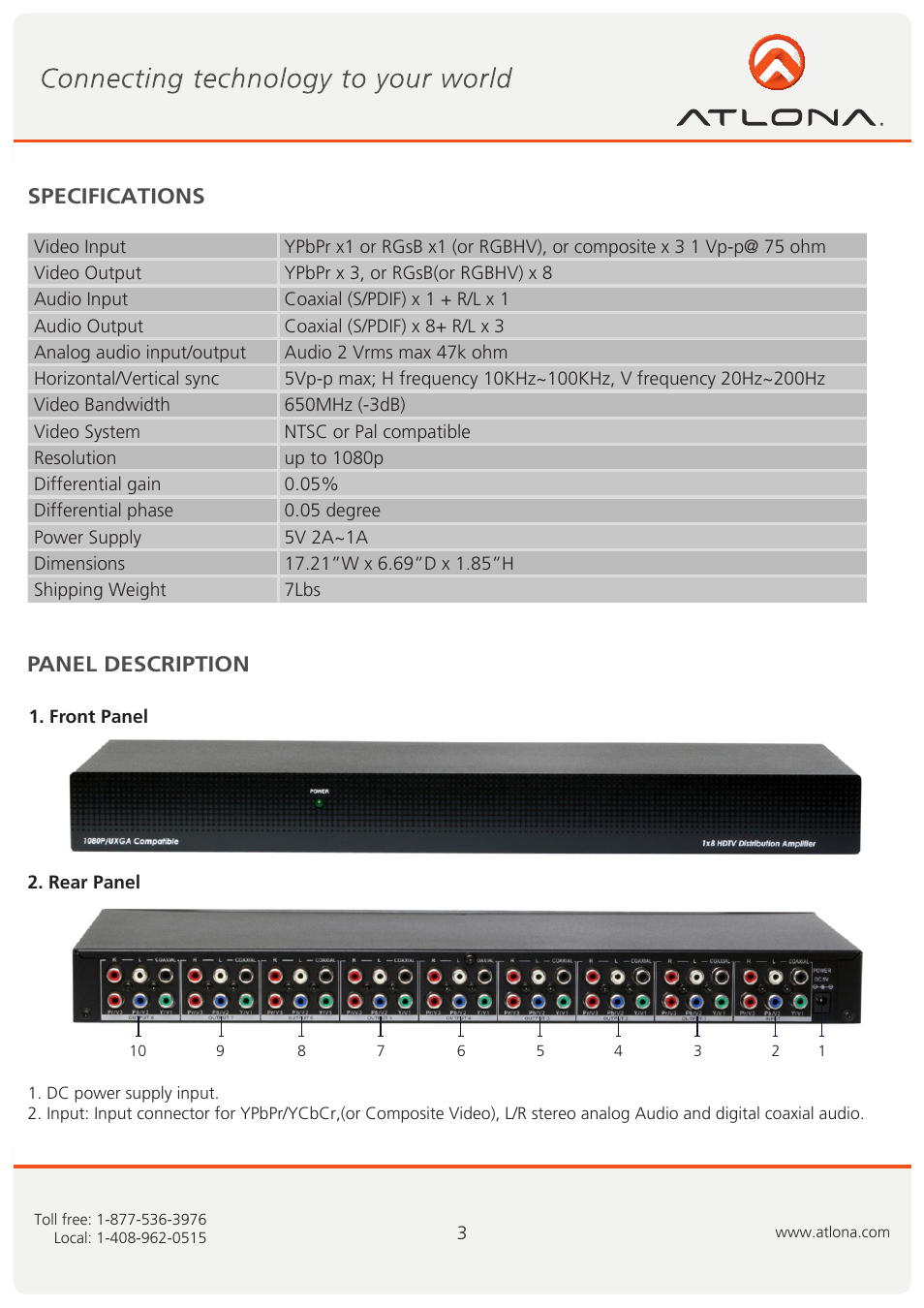 Specifications panel description | Atlona AT COMP18AD User Manual | Page 4 / 8