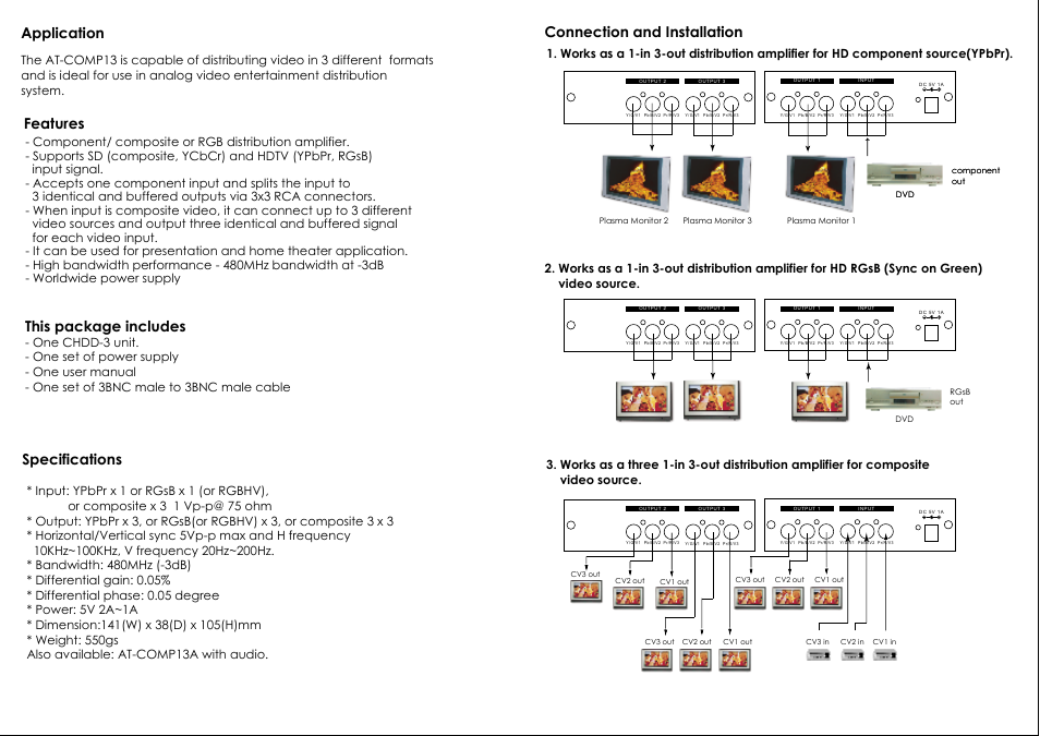 Application, Features this package includes, Specifications connection and installation | Atlona AT COMP13 User Manual | Page 2 / 2