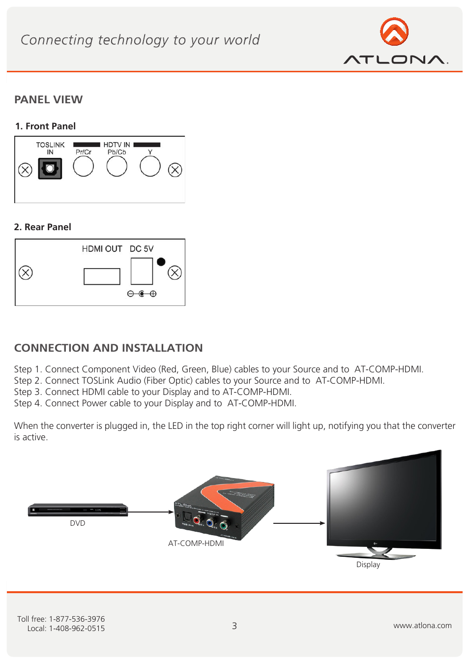 Panel view, Connection and installation | Atlona AT COMP HDMI User Manual | Page 4 / 7