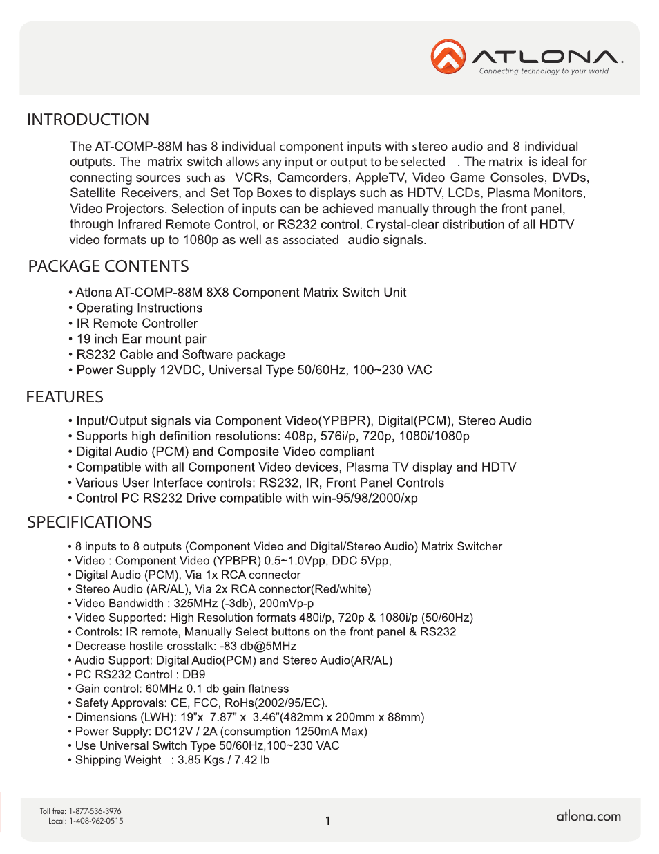 Introduction features, Package contents, Specifications | Atlona AT COMP 88M V2 User Manual | Page 3 / 10